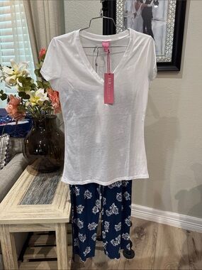 Hale Bob White V-Neck Sleep Top with Navy Floral Pajama Pants